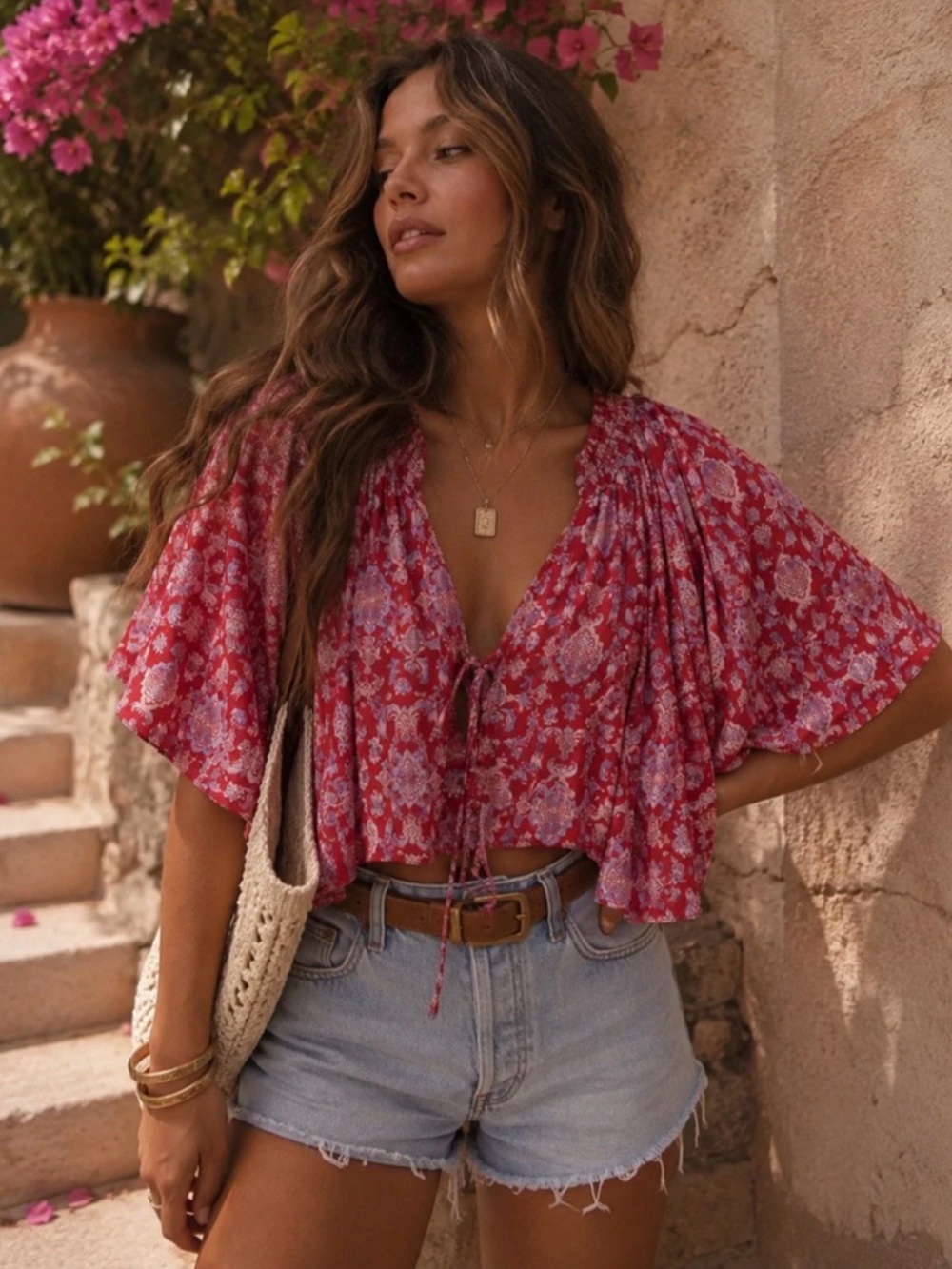 Free People Red Boho Floral Kimono Sleeve Tie Front Crop Blouse โ Medium